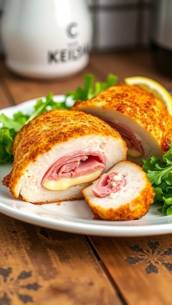 Crispy Air Fryer Chicken Cordon Bleu Recipe Crispy air fryer chicken cordon bleu sliced to show ham and cheese filling, served with salad and lemon.